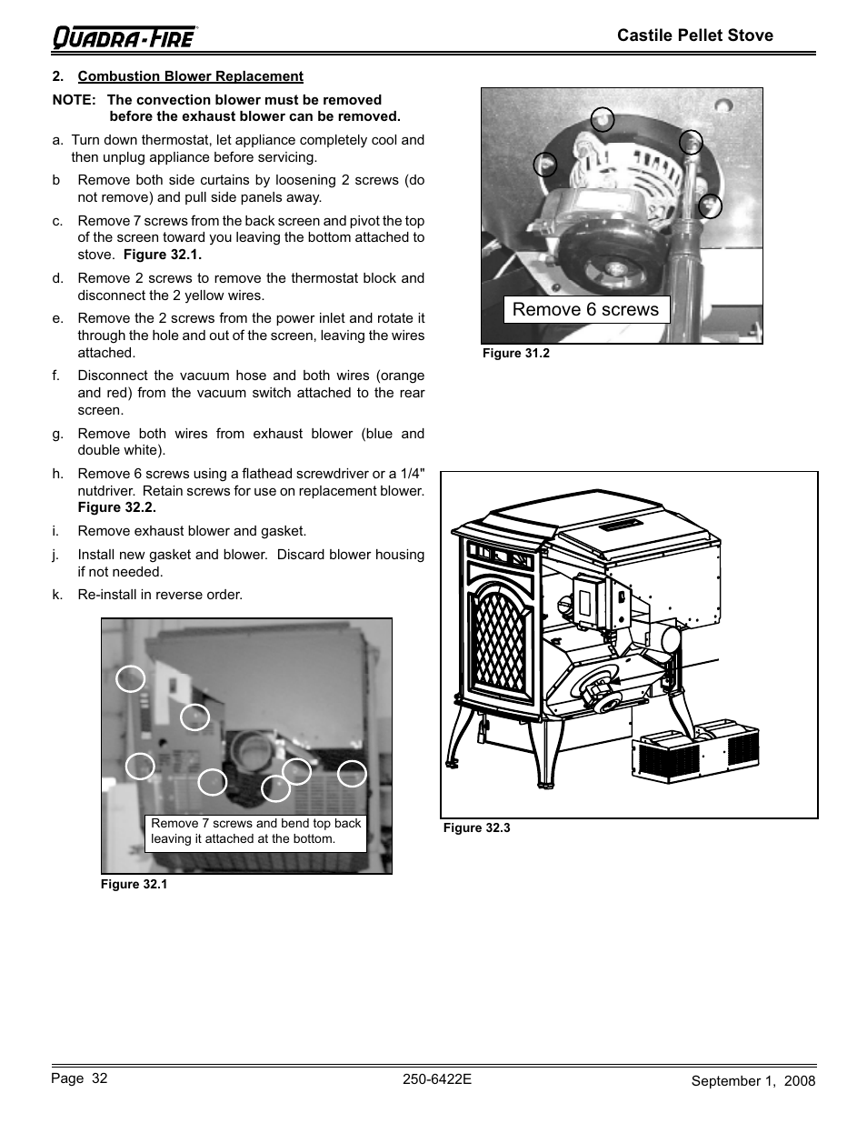 Combustion blower, Remove 6 screws | Hearth and Home Technologies CASTILE-PMH1 User Manual | Page 32 / 48