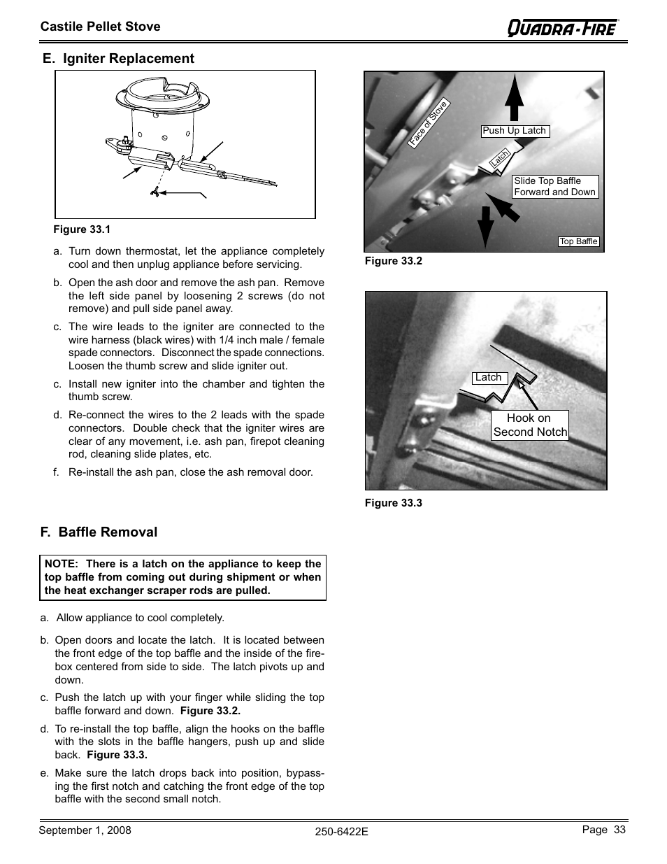 E. igniter replacement f. baffle removal | Hearth and Home Technologies CASTILE-PMH1 User Manual | Page 33 / 48