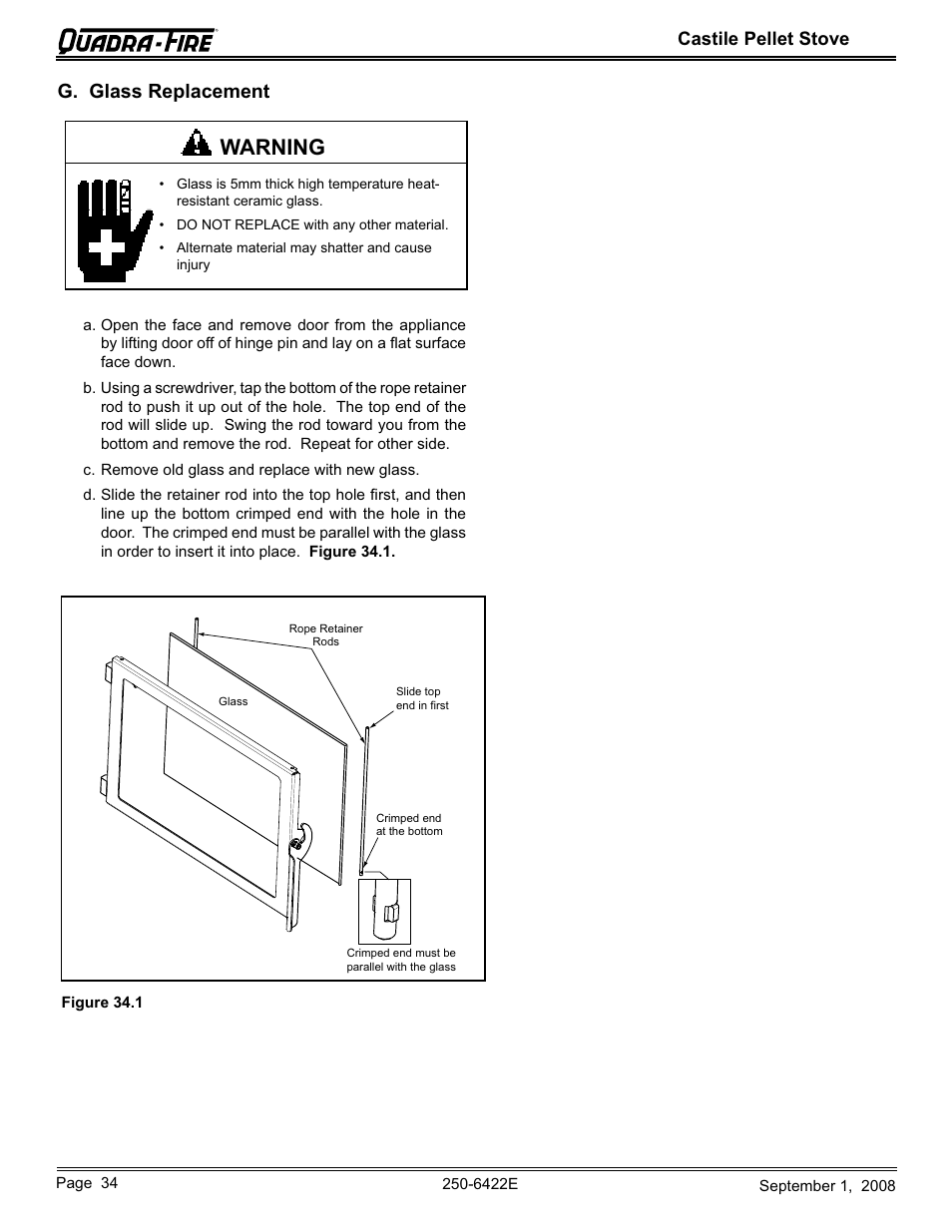 Warning, G. glass replacement, Castile pellet stove | Hearth and Home Technologies CASTILE-PMH1 User Manual | Page 34 / 48