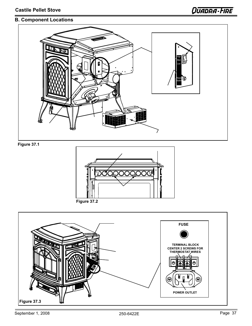 Castile pellet stove b. component locations | Hearth and Home Technologies CASTILE-PMH1 User Manual | Page 37 / 48