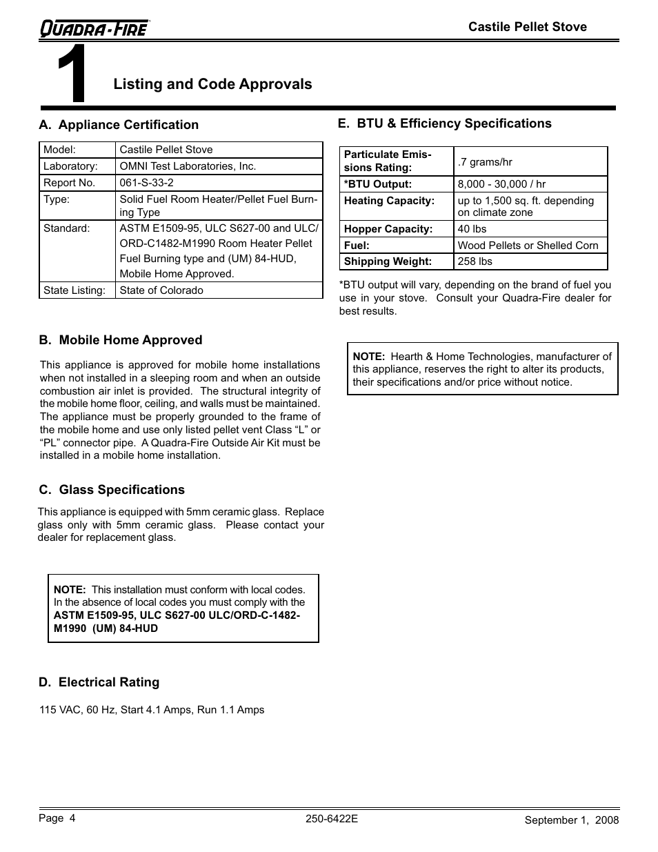 Listing and code approvals | Hearth and Home Technologies CASTILE-PMH1 User Manual | Page 4 / 48