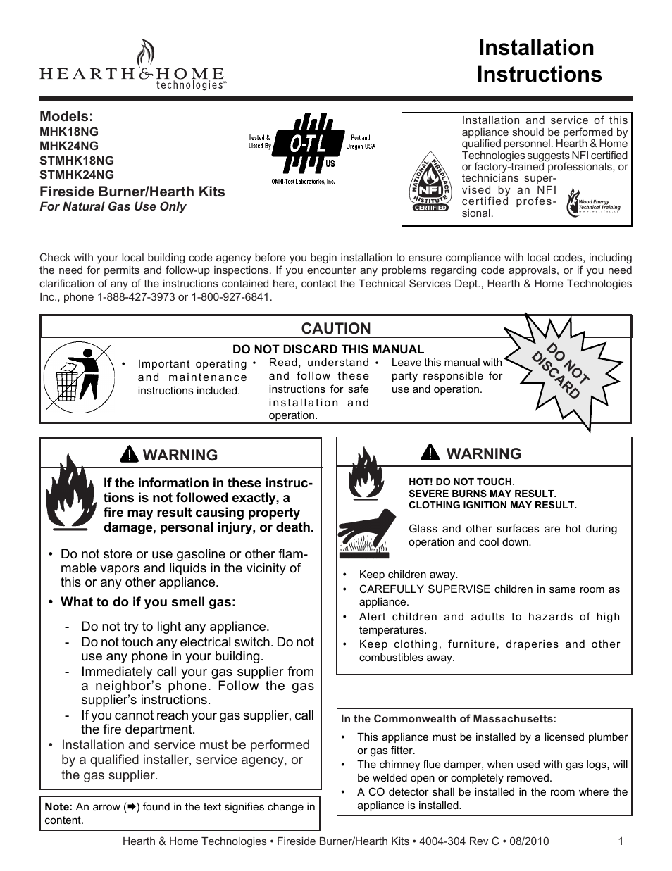Hearth and Home Technologies Fireside Burner/Hearth Kiths MTMHK18NG User Manual | 20 pages
