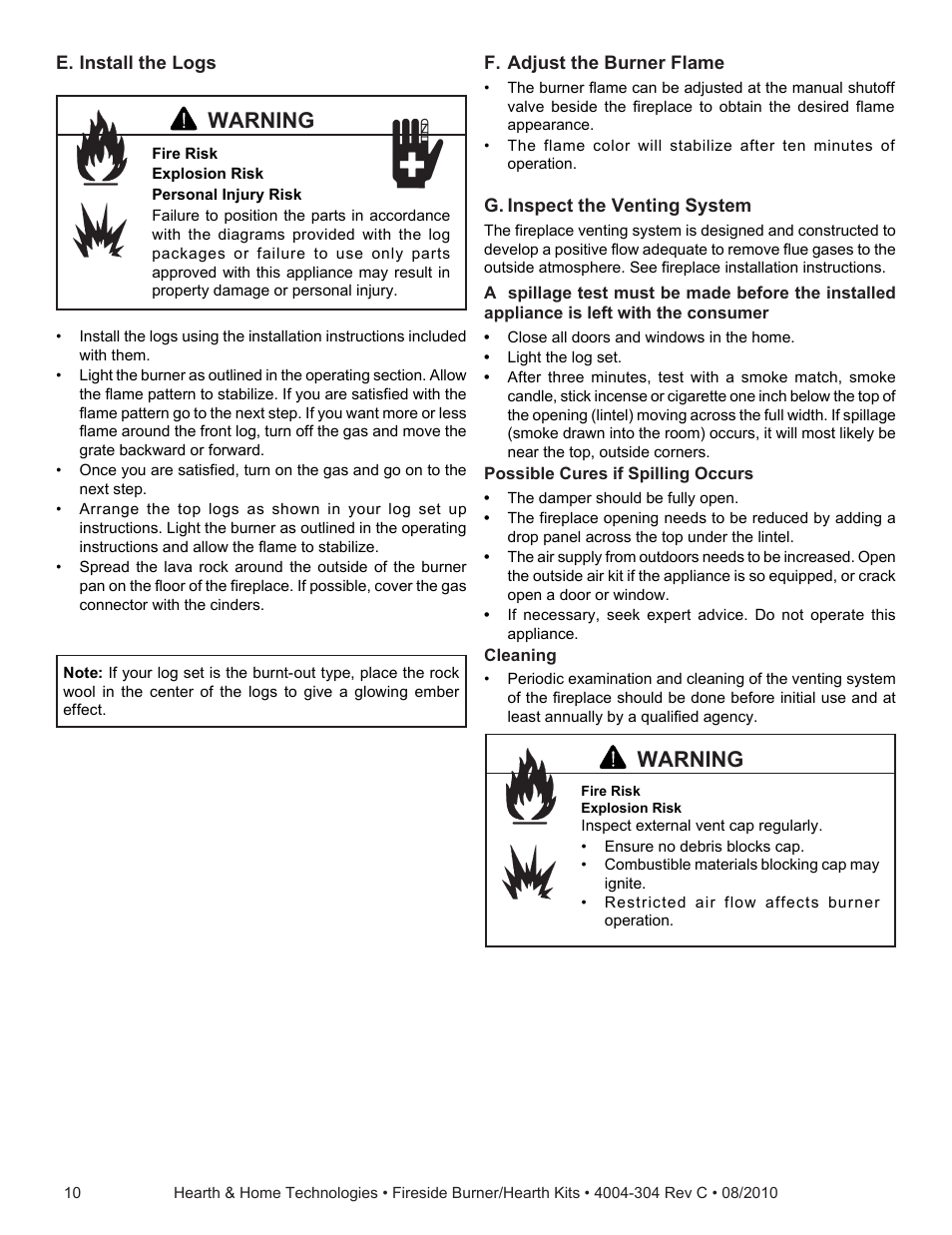 Warning | Hearth and Home Technologies Fireside Burner/Hearth Kiths MTMHK18NG User Manual | Page 10 / 20