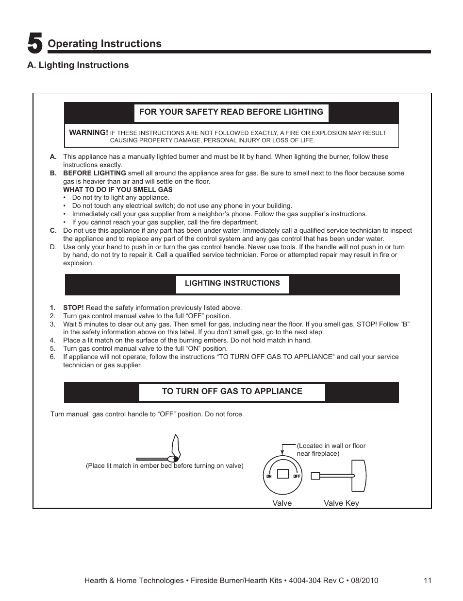 Operating instructions | Hearth and Home Technologies Fireside Burner/Hearth Kiths MTMHK18NG User Manual | Page 11 / 20