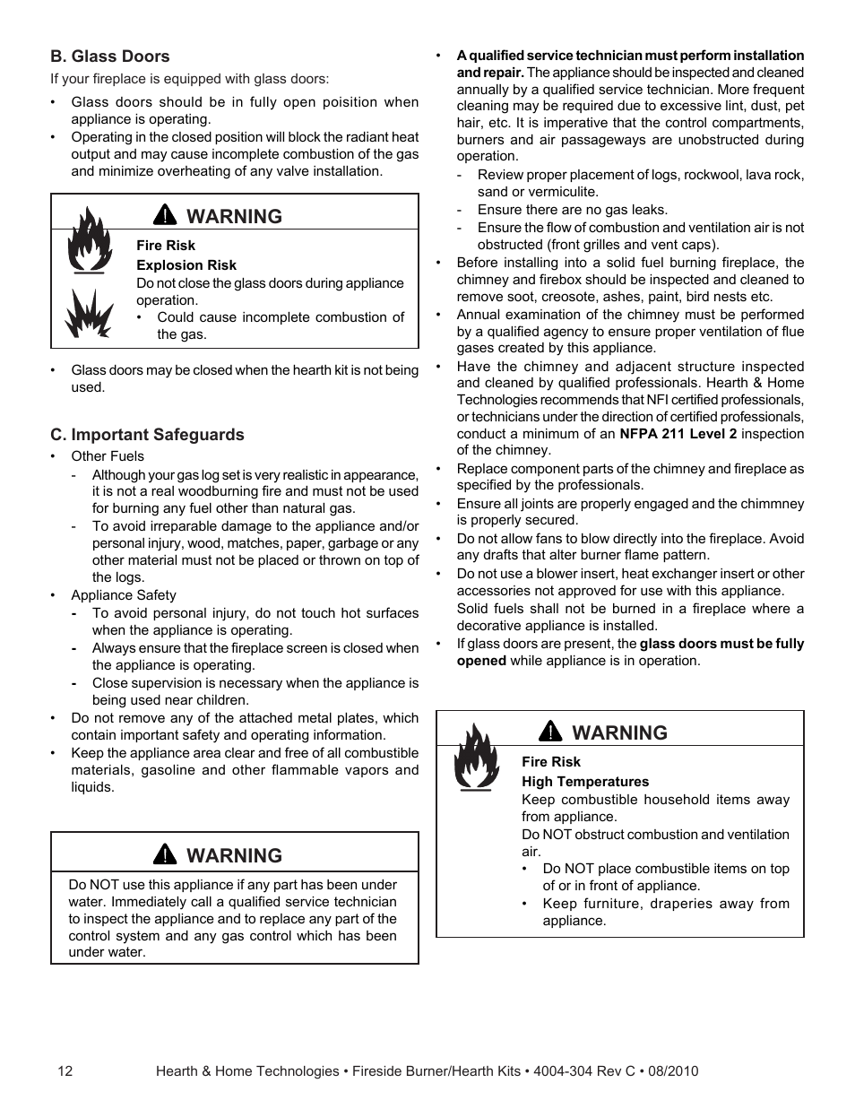 Warning | Hearth and Home Technologies Fireside Burner/Hearth Kiths MTMHK18NG User Manual | Page 12 / 20