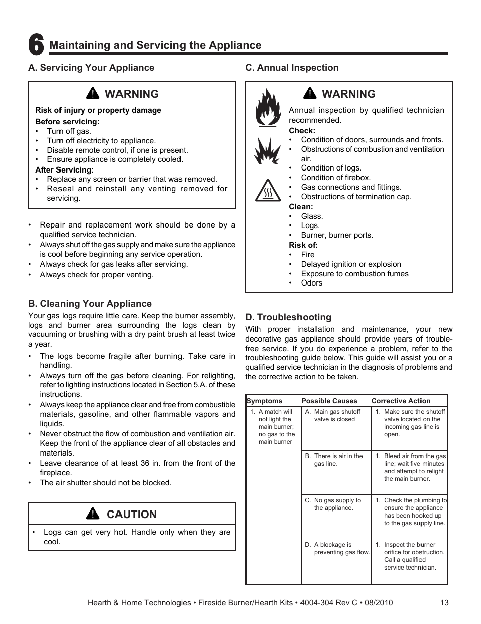 Maintaining and servicing the appliance, Caution, Warning | Hearth and Home Technologies Fireside Burner/Hearth Kiths MTMHK18NG User Manual | Page 13 / 20