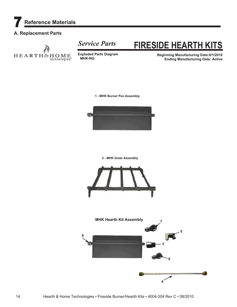 Fireside hearth kits, Service parts | Hearth and Home Technologies Fireside Burner/Hearth Kiths MTMHK18NG User Manual | Page 14 / 20