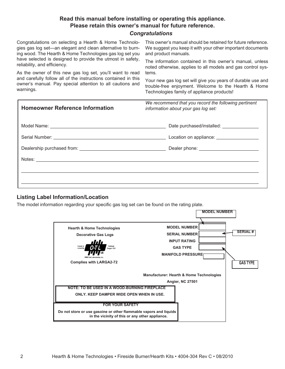 Listing label information/location | Hearth and Home Technologies Fireside Burner/Hearth Kiths MTMHK18NG User Manual | Page 2 / 20