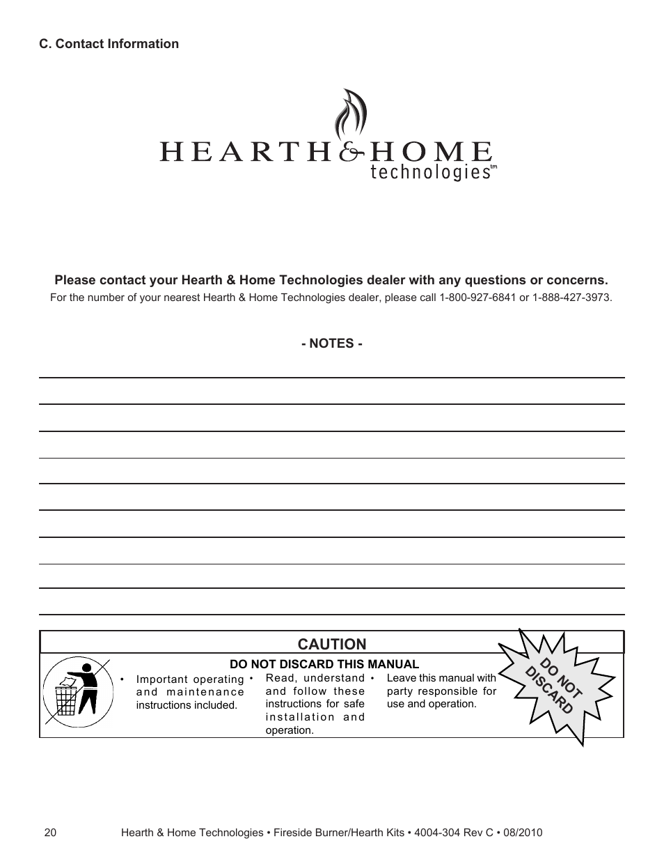 Caution | Hearth and Home Technologies Fireside Burner/Hearth Kiths MTMHK18NG User Manual | Page 20 / 20