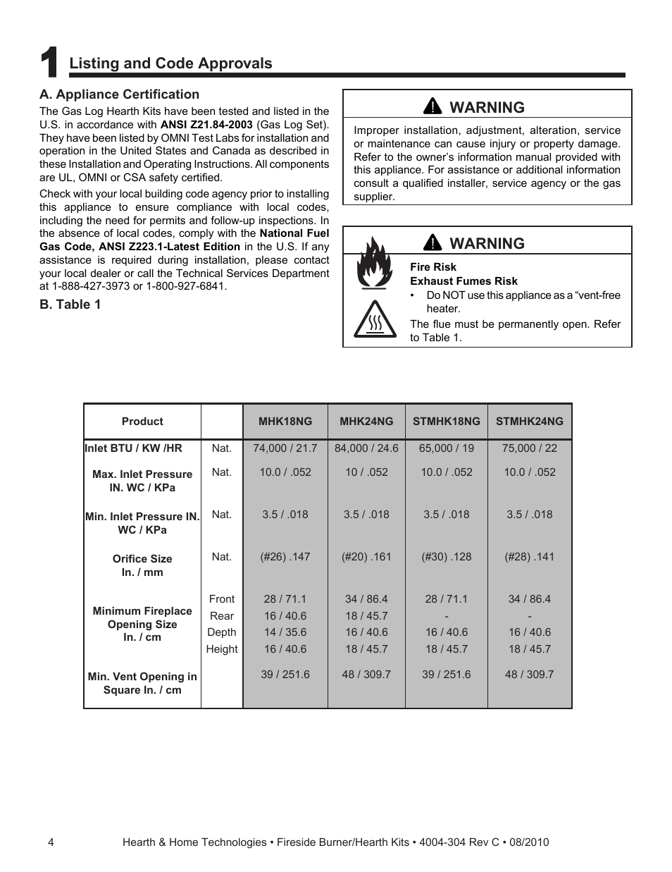 Listing and code approvals, Warning | Hearth and Home Technologies Fireside Burner/Hearth Kiths MTMHK18NG User Manual | Page 4 / 20