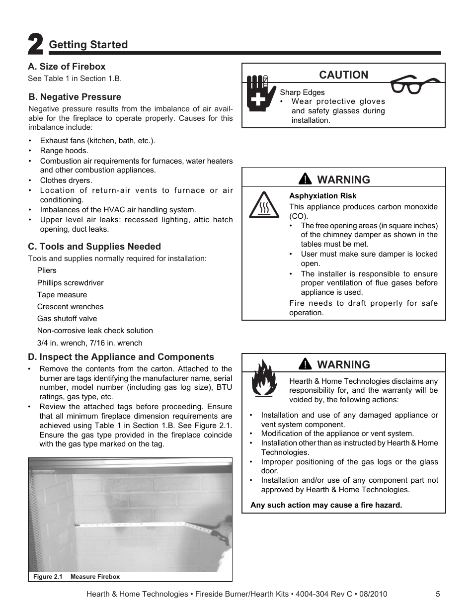 Getting started, Warning, Caution | Hearth and Home Technologies Fireside Burner/Hearth Kiths MTMHK18NG User Manual | Page 5 / 20