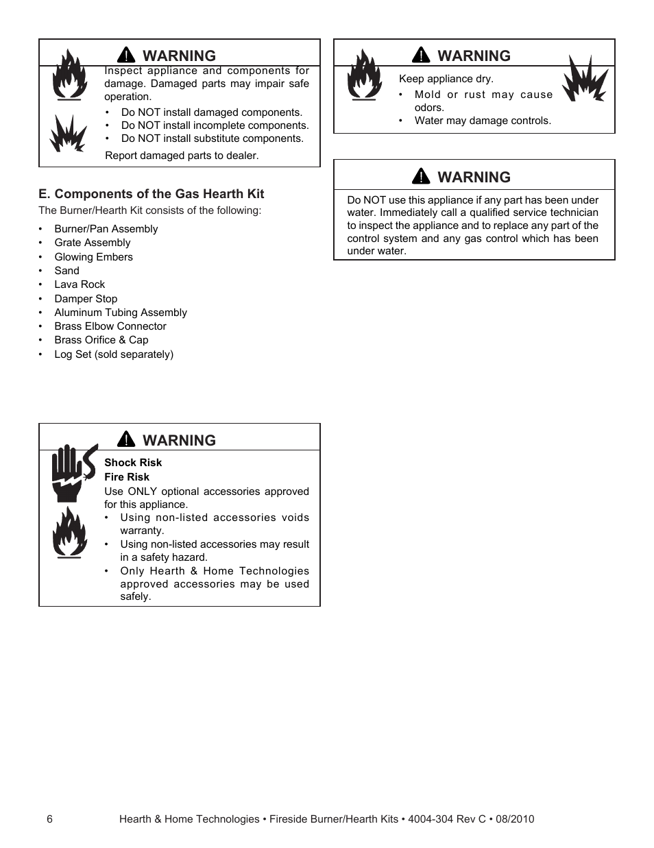 Warning | Hearth and Home Technologies Fireside Burner/Hearth Kiths MTMHK18NG User Manual | Page 6 / 20