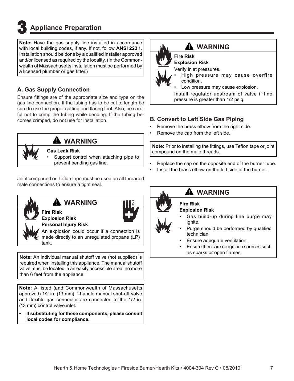 Warning, Appliance preparation | Hearth and Home Technologies Fireside Burner/Hearth Kiths MTMHK18NG User Manual | Page 7 / 20