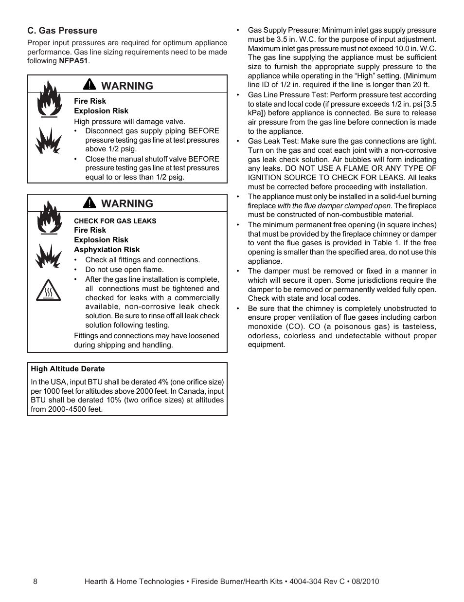 Warning | Hearth and Home Technologies Fireside Burner/Hearth Kiths MTMHK18NG User Manual | Page 8 / 20