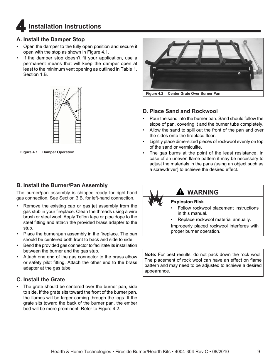 Installation instructions, Warning | Hearth and Home Technologies Fireside Burner/Hearth Kiths MTMHK18NG User Manual | Page 9 / 20