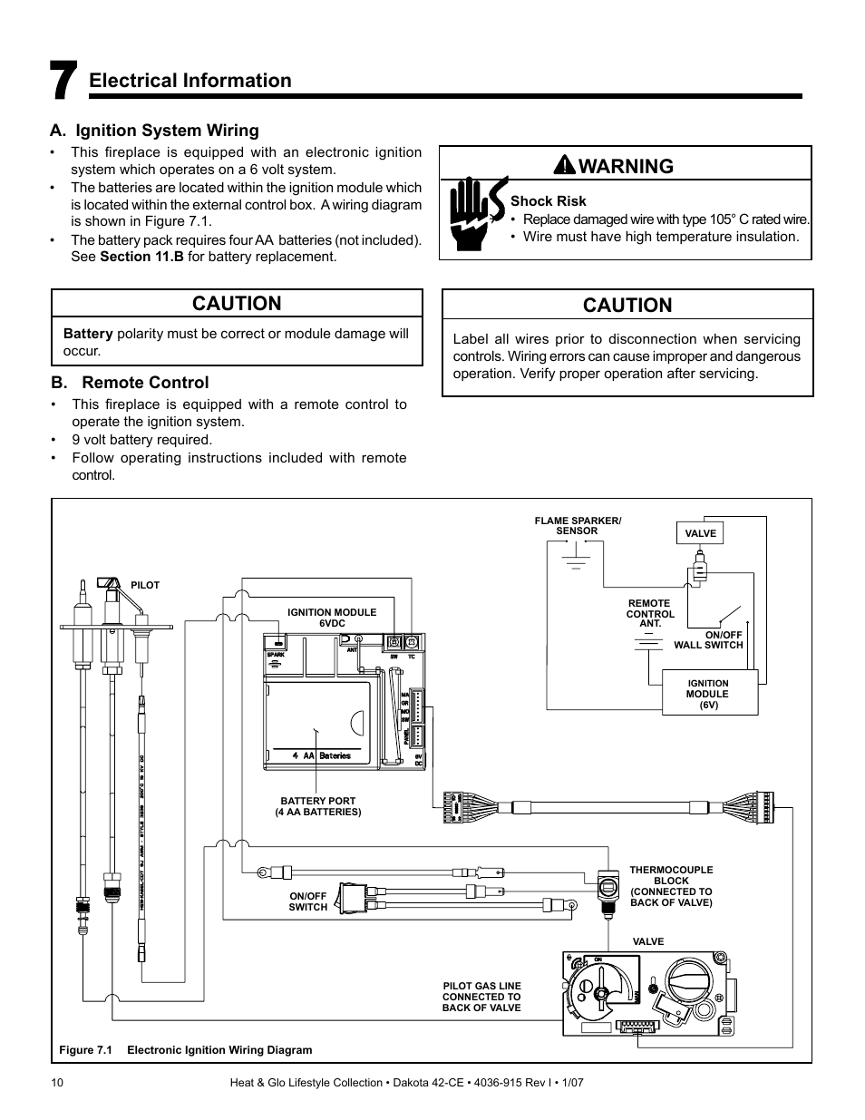 Caution, Electrical information, Warning | A. ignition system wiring, B. remote control | Hearth and Home Technologies Dakota 42-CE User Manual | Page 10 / 36