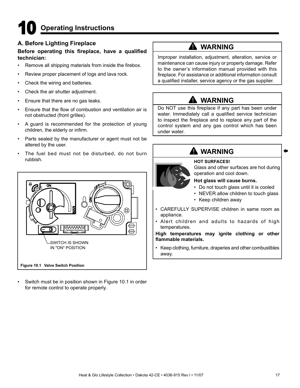 Warning, Operating instructions | Hearth and Home Technologies Dakota 42-CE User Manual | Page 17 / 36