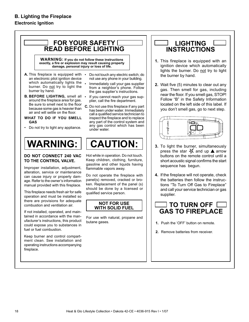 Caution, Warning, Lighting instructions to turn off gas to fireplace | For your safety read before lighting | Hearth and Home Technologies Dakota 42-CE User Manual | Page 18 / 36