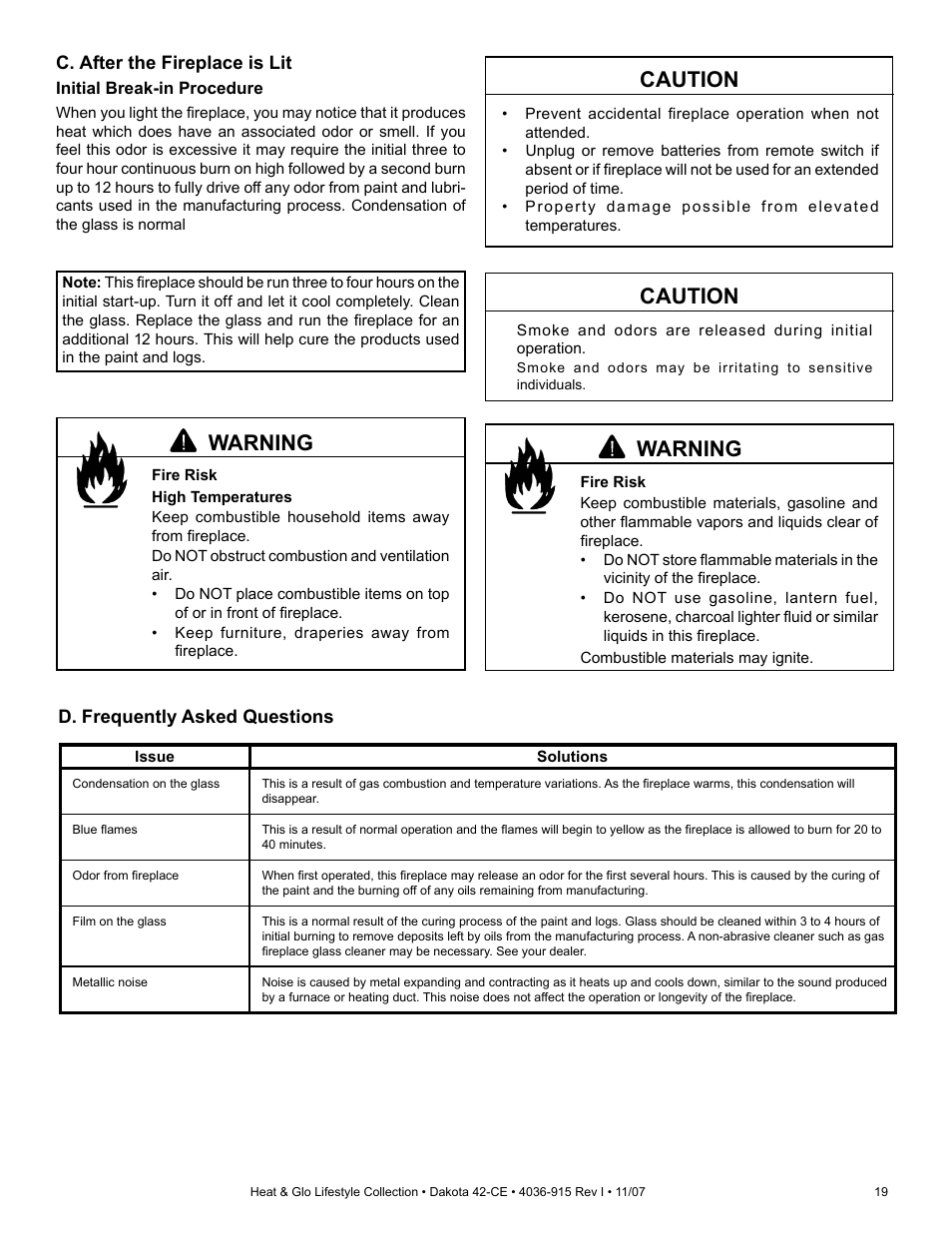 Caution, Warning | Hearth and Home Technologies Dakota 42-CE User Manual | Page 19 / 36