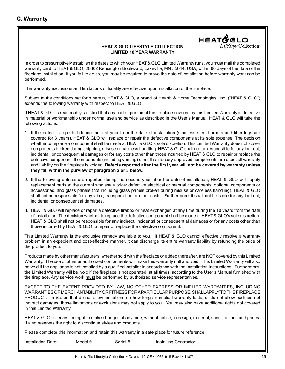 C. warranty | Hearth and Home Technologies Dakota 42-CE User Manual | Page 35 / 36