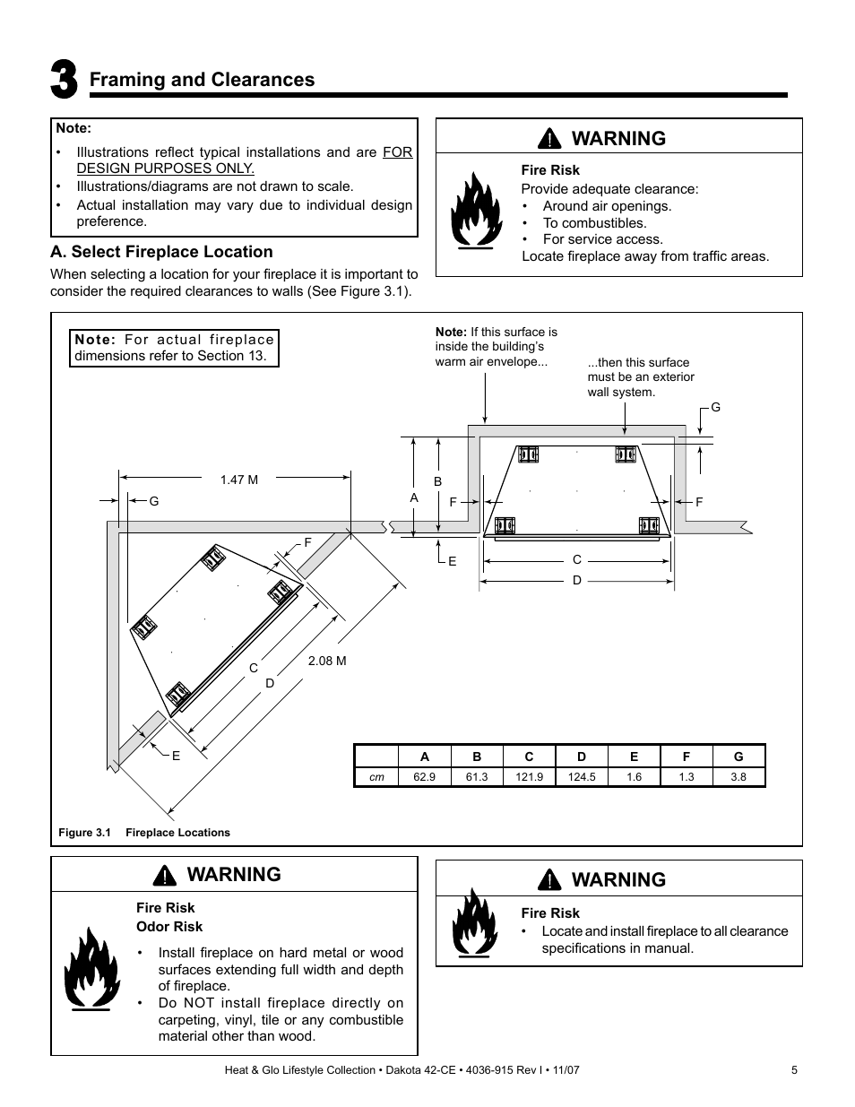 Warning, Framing and clearances | Hearth and Home Technologies Dakota 42-CE User Manual | Page 5 / 36