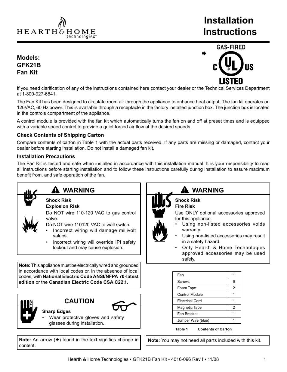 Hearth and Home Technologies GFK21B User Manual | 4 pages