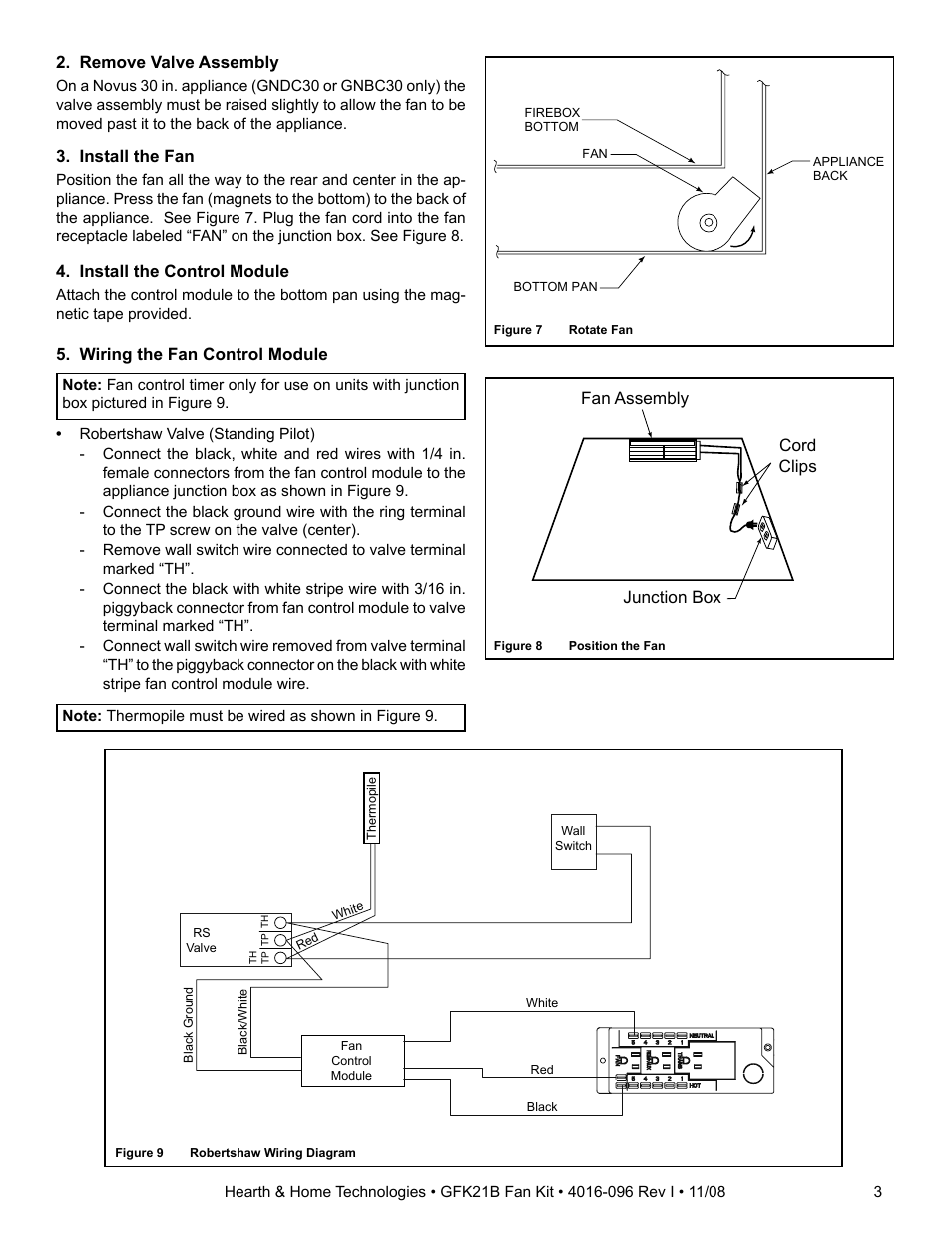 Install the fan, Junction box fan assembly cord clips, Install the control module | Remove valve assembly, Wiring the fan control module | Hearth and Home Technologies GFK21B User Manual | Page 3 / 4