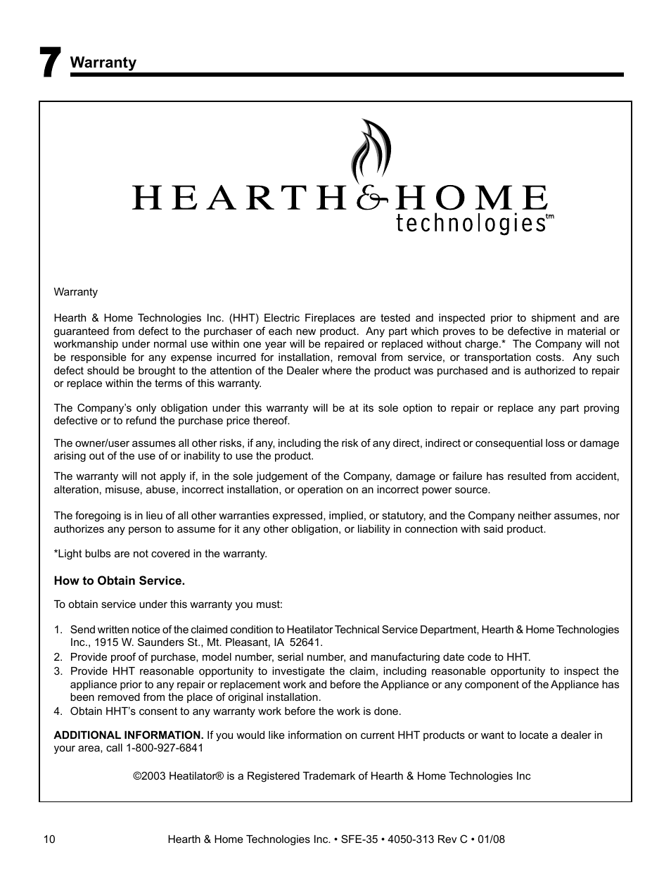 Warranty | Hearth and Home Technologies SIMPLIFYRE SFE-35 User Manual | Page 11 / 11