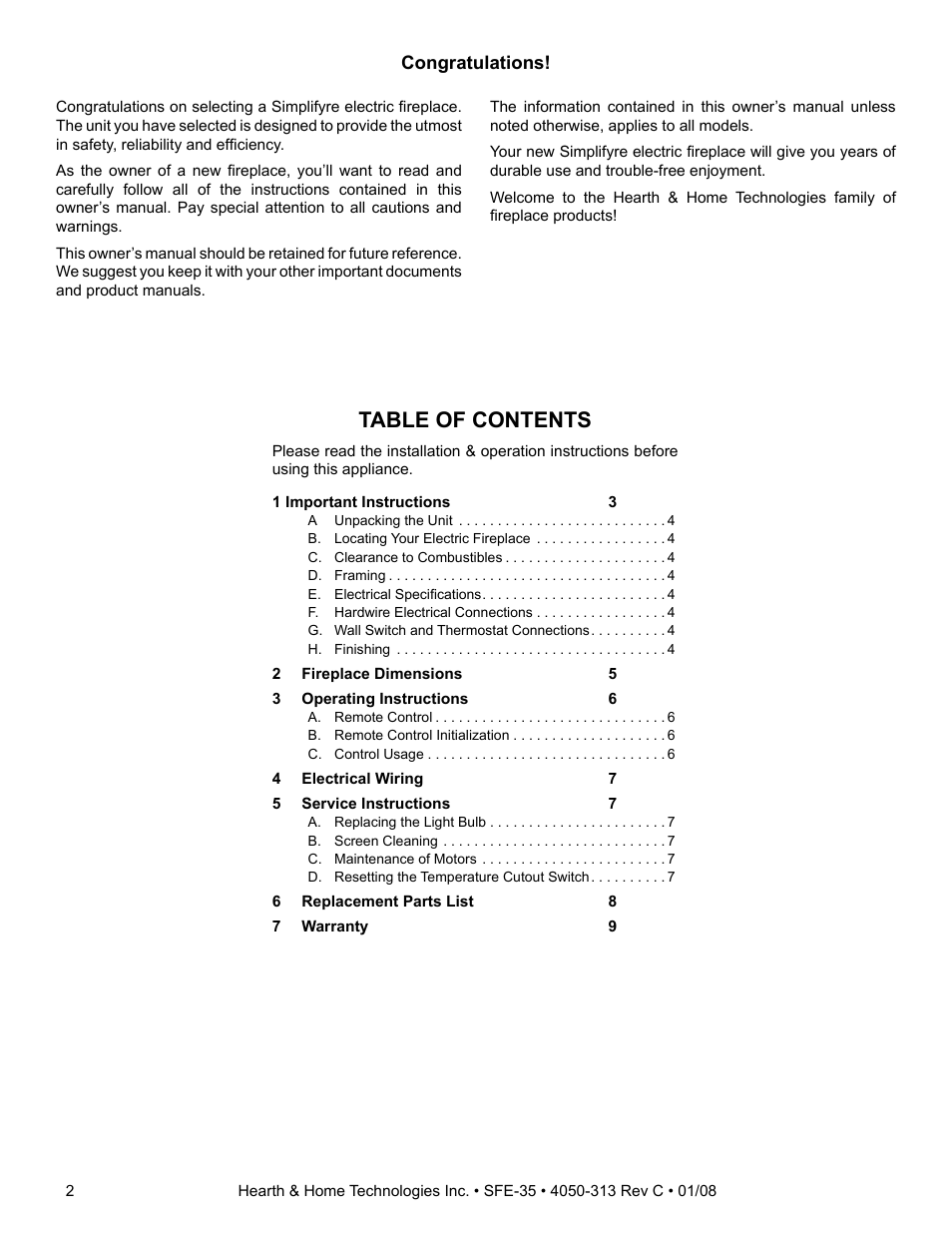Hearth and Home Technologies SIMPLIFYRE SFE-35 User Manual | Page 2 / 11