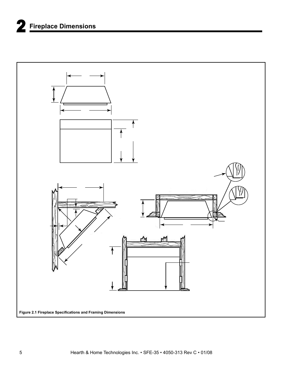 Fireplace dimensions | Hearth and Home Technologies SIMPLIFYRE SFE-35 User Manual | Page 5 / 11