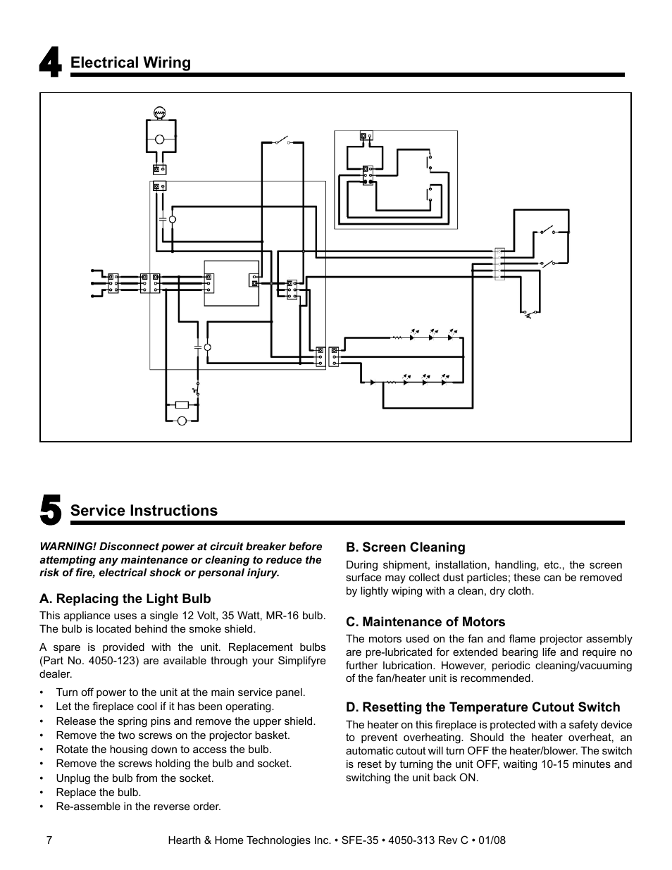 Electrical wiring, Service instructions, A. replacing the light bulb | B. screen cleaning, C. maintenance of motors, D. resetting the temperature cutout switch | Hearth and Home Technologies SIMPLIFYRE SFE-35 User Manual | Page 7 / 11