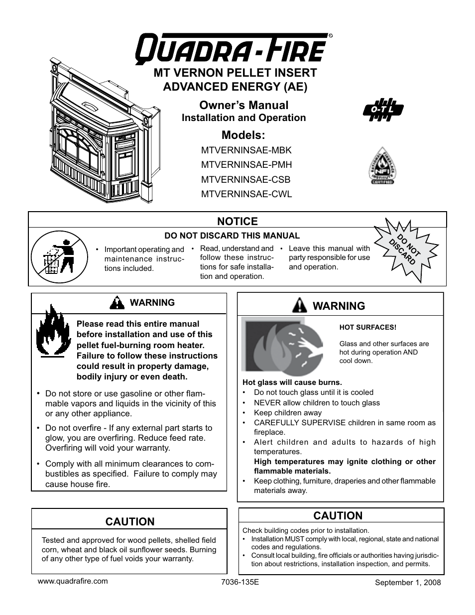 Hearth and Home Technologies MT VERNON Pellet Insert Advanced Energy (AE) MTVERNINSAE-MBK User Manual | 52 pages