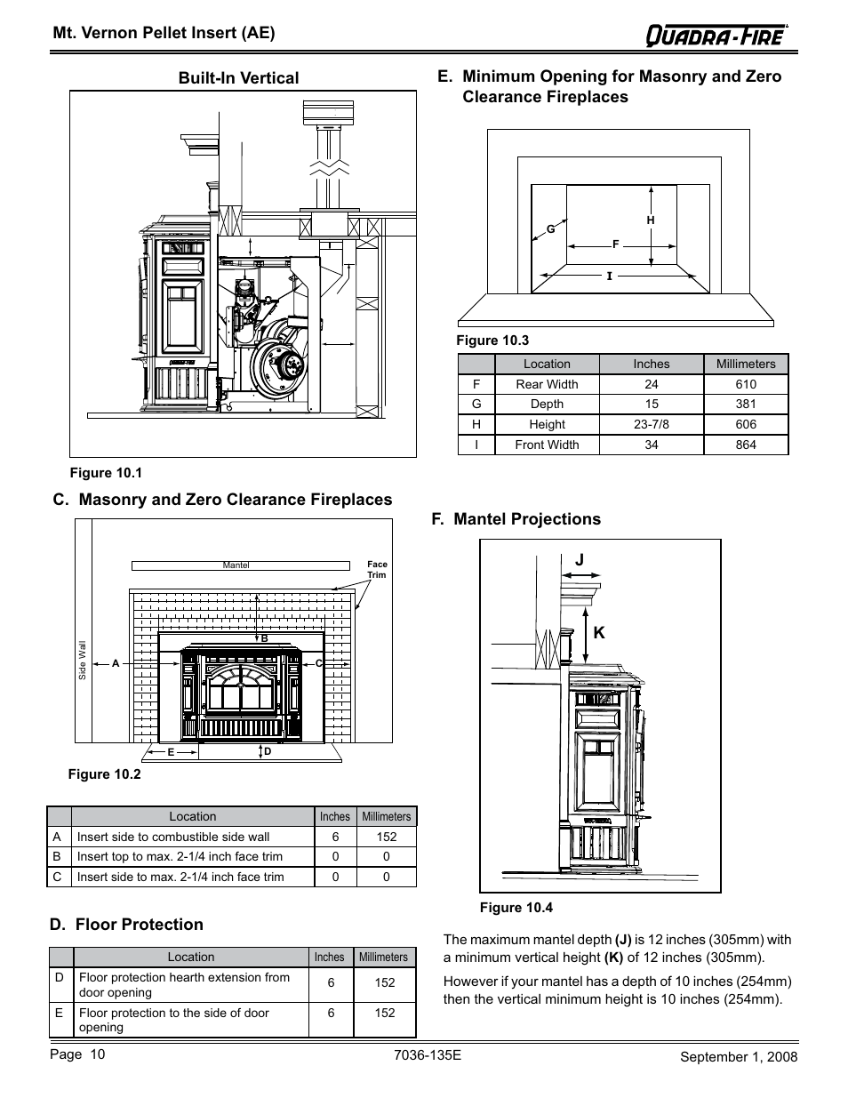 C. masonry and zero clearance fireplaces, D. floor protection, F. mantel projections j k | Built-in vertical | Hearth and Home Technologies MT VERNON Pellet Insert Advanced Energy (AE) MTVERNINSAE-MBK User Manual | Page 10 / 52