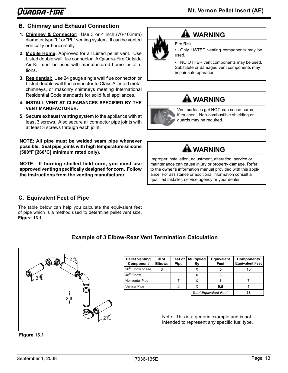 Warning, C. equivalent feet of pipe | Hearth and Home Technologies MT VERNON Pellet Insert Advanced Energy (AE) MTVERNINSAE-MBK User Manual | Page 13 / 52
