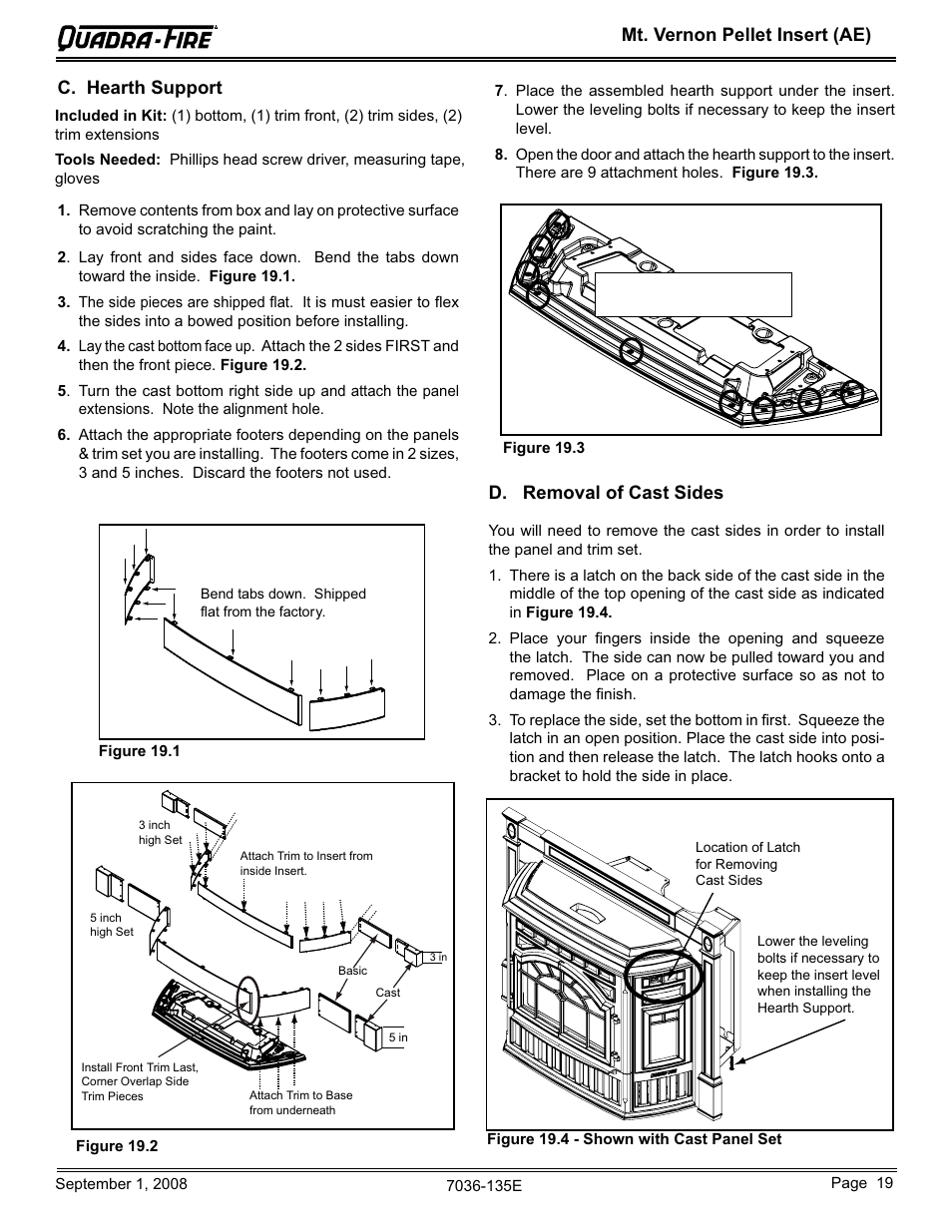 Mt. vernon pellet insert (ae) c. hearth support, D. removal of cast sides | Hearth and Home Technologies MT VERNON Pellet Insert Advanced Energy (AE) MTVERNINSAE-MBK User Manual | Page 19 / 52