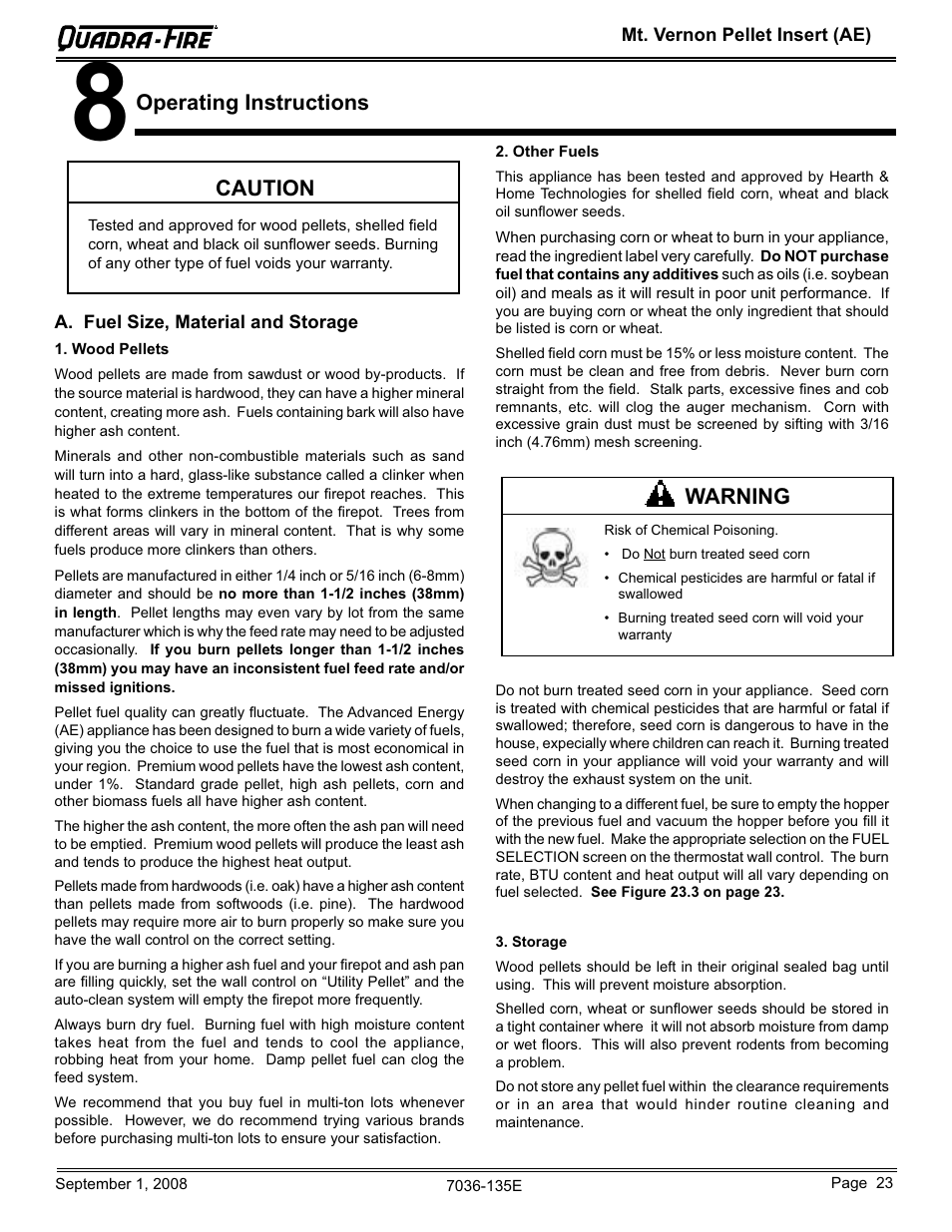 Operating instructions, Warning, Caution | Hearth and Home Technologies MT VERNON Pellet Insert Advanced Energy (AE) MTVERNINSAE-MBK User Manual | Page 23 / 52