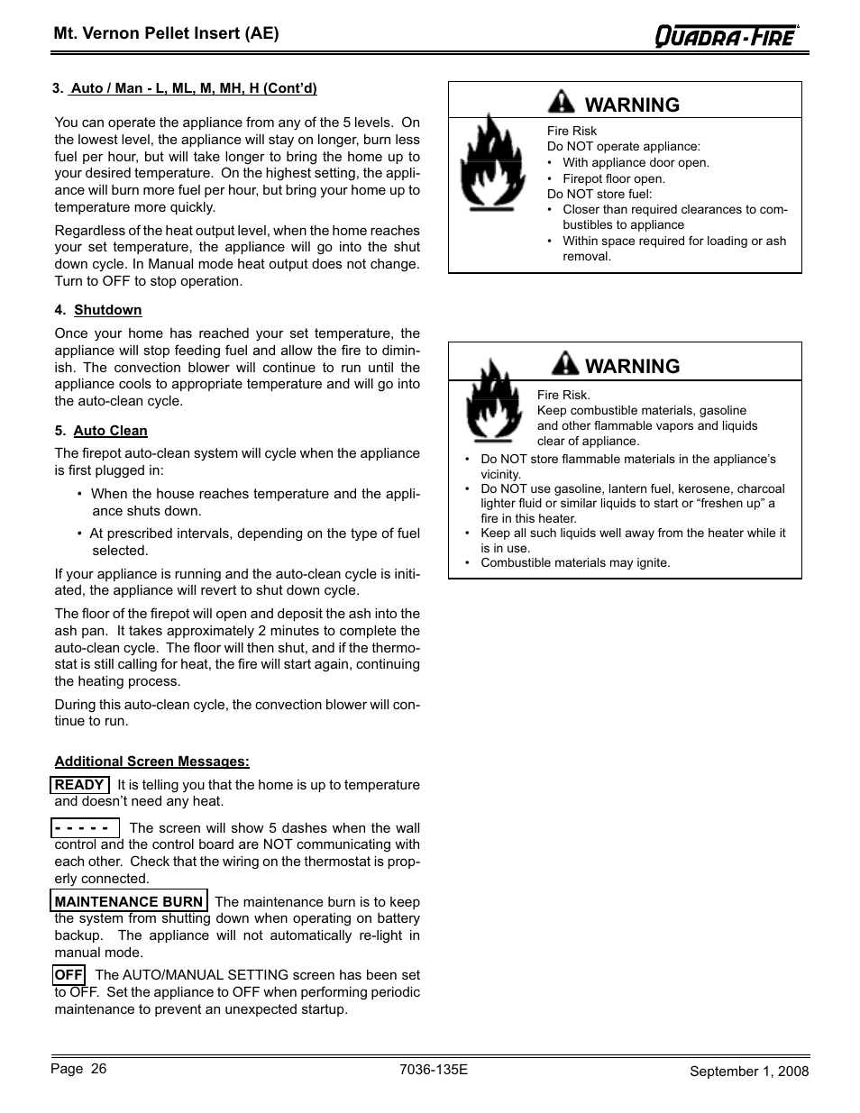 Warning | Hearth and Home Technologies MT VERNON Pellet Insert Advanced Energy (AE) MTVERNINSAE-MBK User Manual | Page 26 / 52