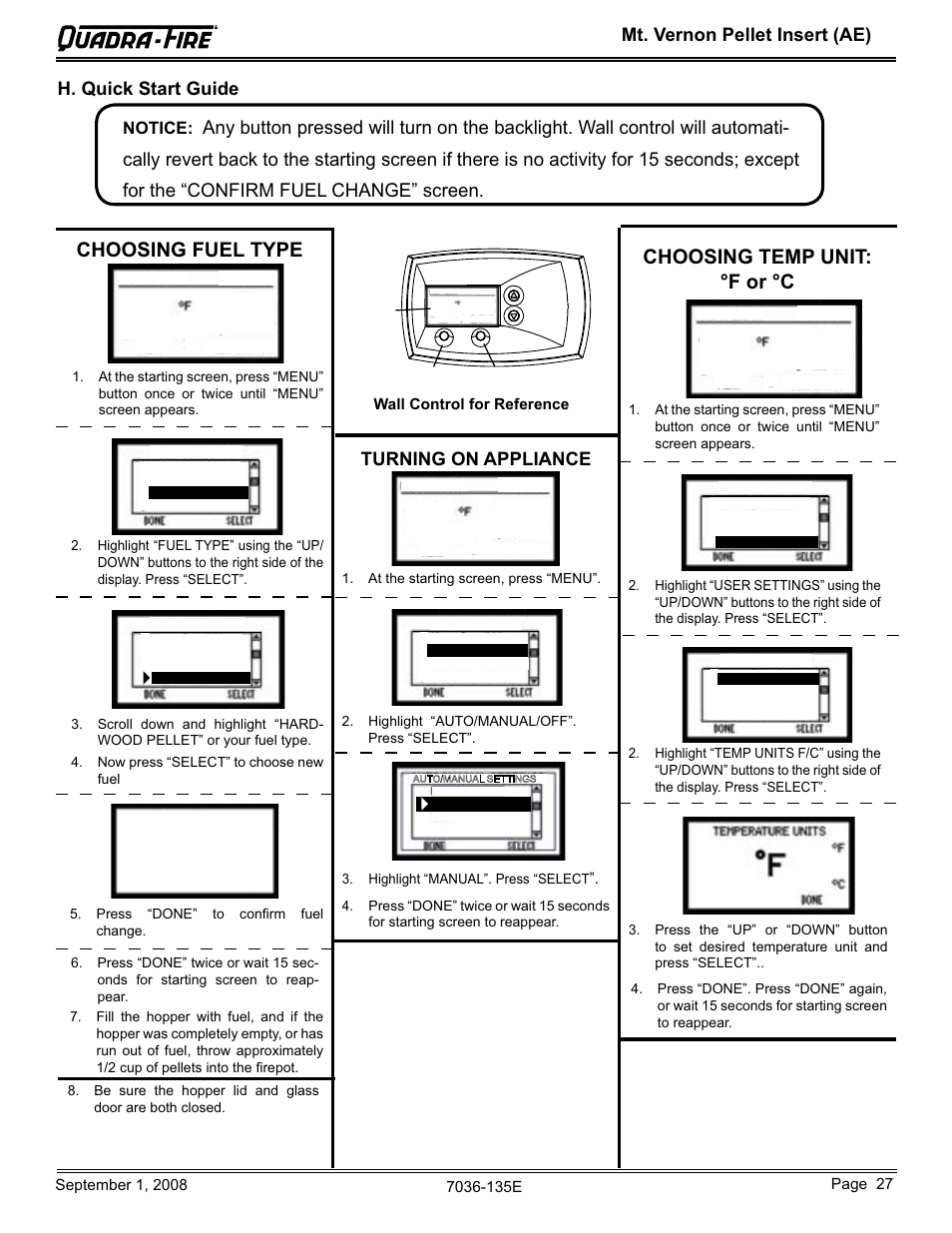 Choosing fuel type, Choosing temp unit: °f or °c, Mt. vernon pellet insert (ae) h. quick start guide | Turning on appliance, Notice | Hearth and Home Technologies MT VERNON Pellet Insert Advanced Energy (AE) MTVERNINSAE-MBK User Manual | Page 27 / 52
