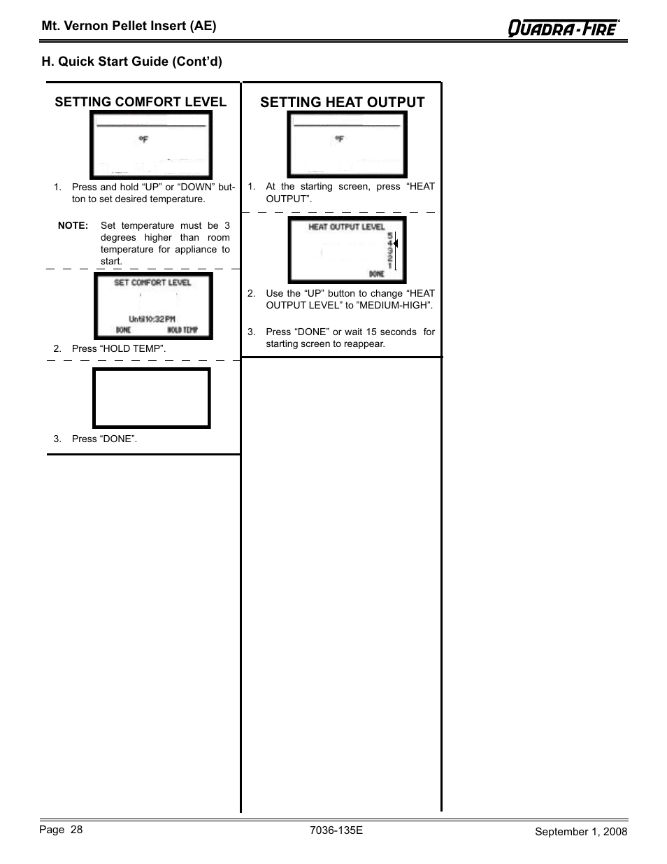 Setting heat output, Mt. vernon pellet insert (ae), Setting comfort level | H. quick start guide (cont’d) | Hearth and Home Technologies MT VERNON Pellet Insert Advanced Energy (AE) MTVERNINSAE-MBK User Manual | Page 28 / 52