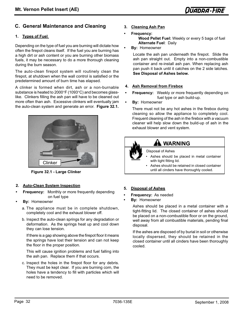 Warning, C. general maintenance and cleaning | Hearth and Home Technologies MT VERNON Pellet Insert Advanced Energy (AE) MTVERNINSAE-MBK User Manual | Page 32 / 52