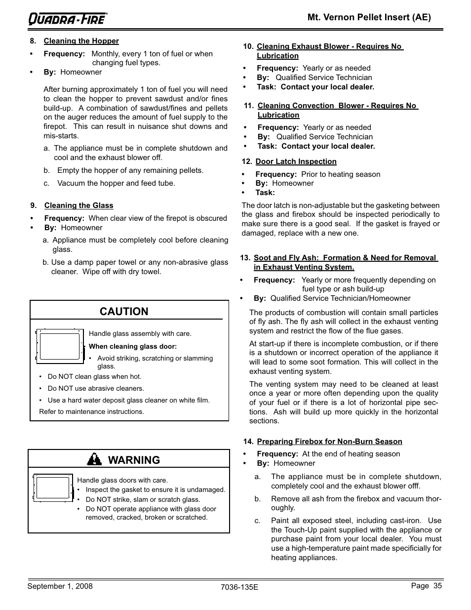 Caution, Warning | Hearth and Home Technologies MT VERNON Pellet Insert Advanced Energy (AE) MTVERNINSAE-MBK User Manual | Page 35 / 52