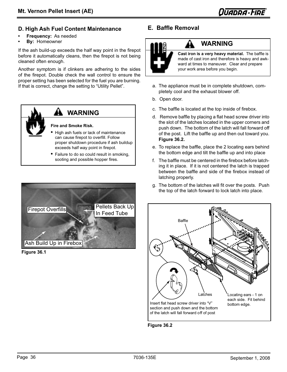 Warning, E. baffle removal | Hearth and Home Technologies MT VERNON Pellet Insert Advanced Energy (AE) MTVERNINSAE-MBK User Manual | Page 36 / 52