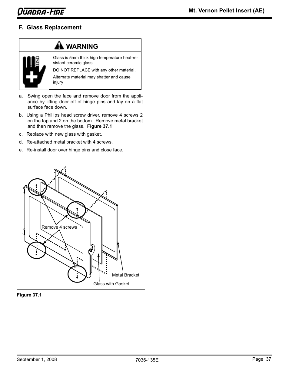 Warning, F. glass replacement | Hearth and Home Technologies MT VERNON Pellet Insert Advanced Energy (AE) MTVERNINSAE-MBK User Manual | Page 37 / 52