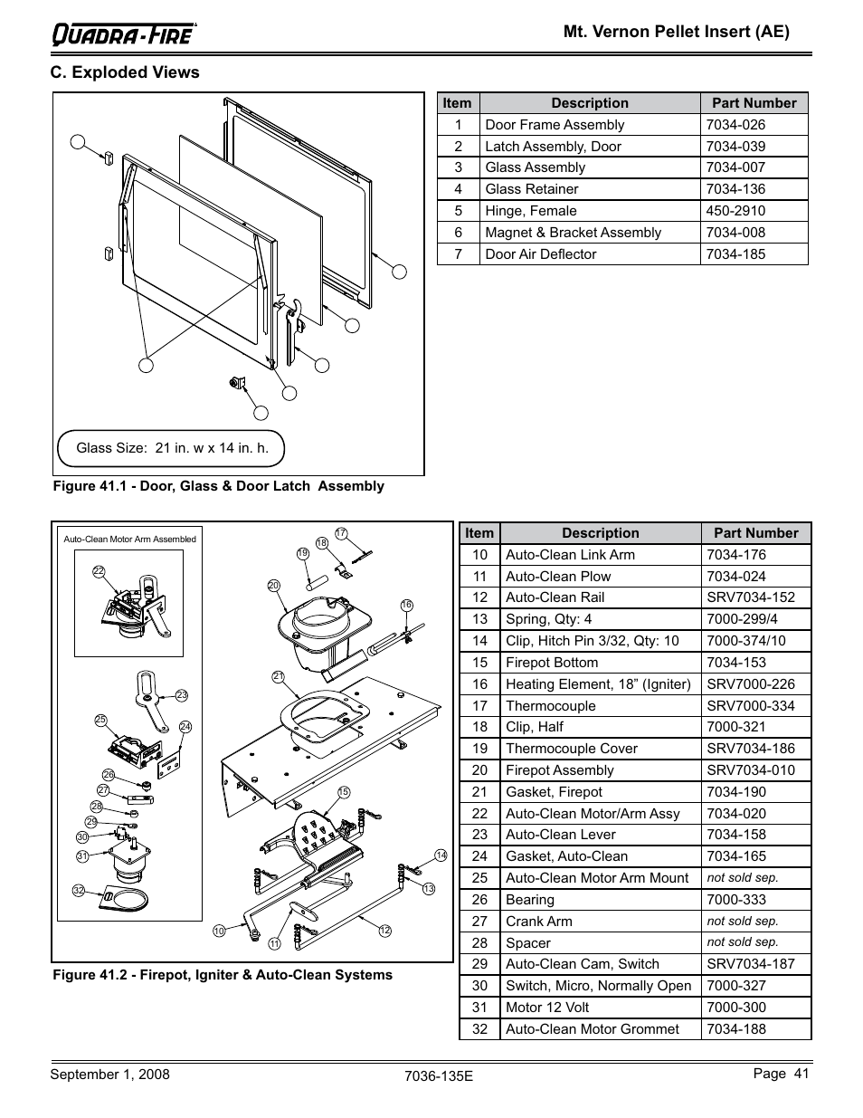 Mt. vernon pellet insert (ae) c. exploded views | Hearth and Home Technologies MT VERNON Pellet Insert Advanced Energy (AE) MTVERNINSAE-MBK User Manual | Page 41 / 52
