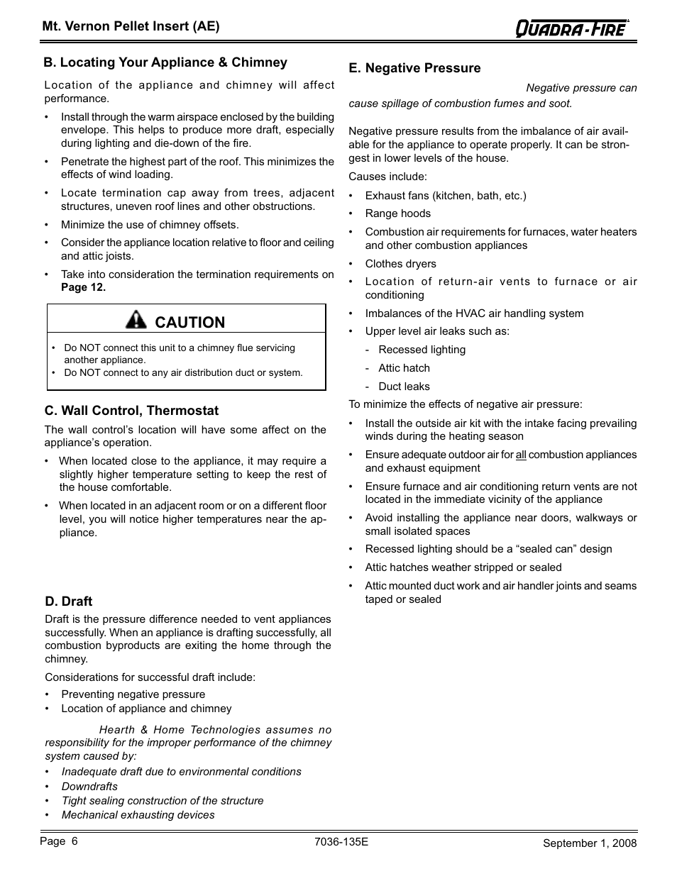 Caution | Hearth and Home Technologies MT VERNON Pellet Insert Advanced Energy (AE) MTVERNINSAE-MBK User Manual | Page 6 / 52