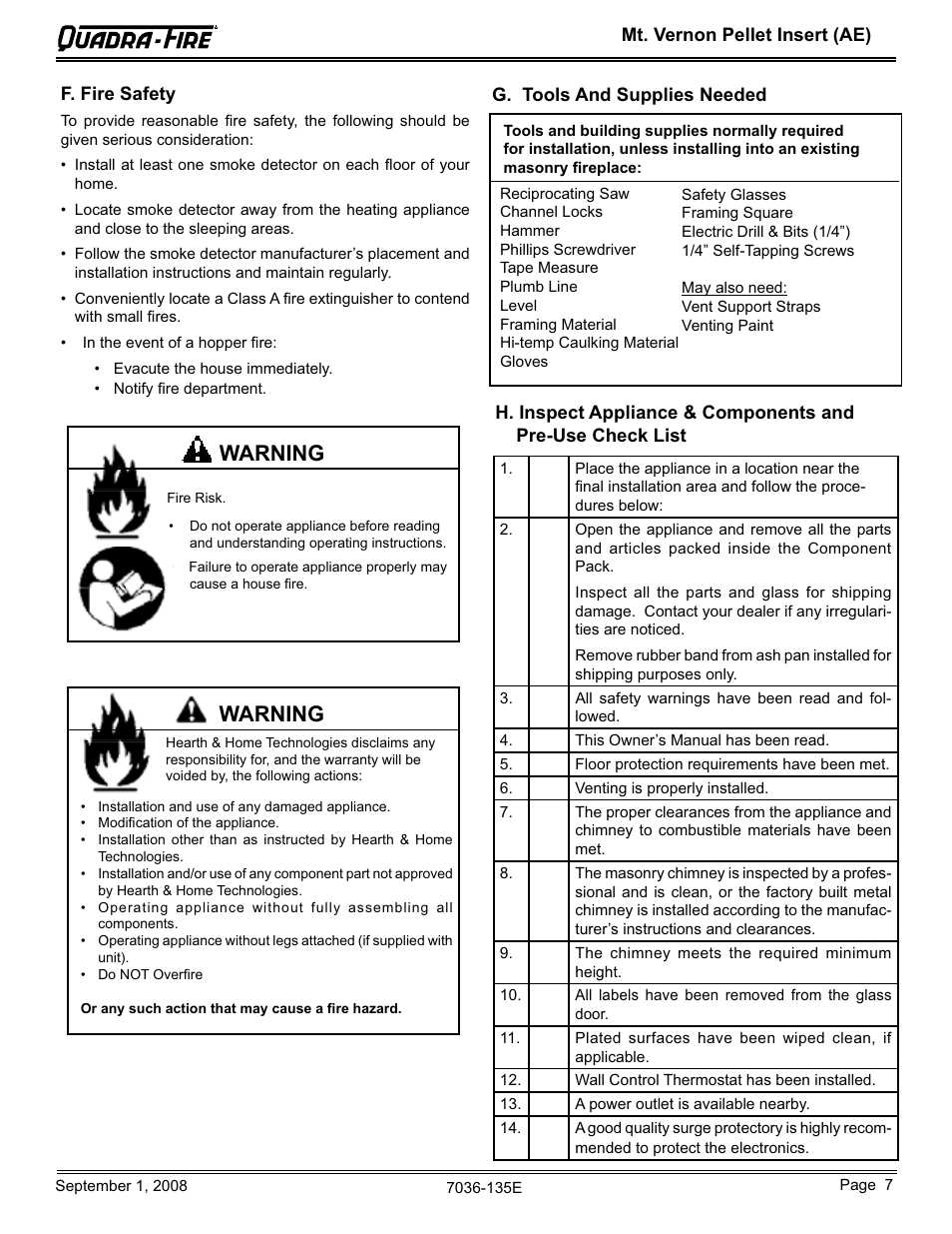 Warning | Hearth and Home Technologies MT VERNON Pellet Insert Advanced Energy (AE) MTVERNINSAE-MBK User Manual | Page 7 / 52