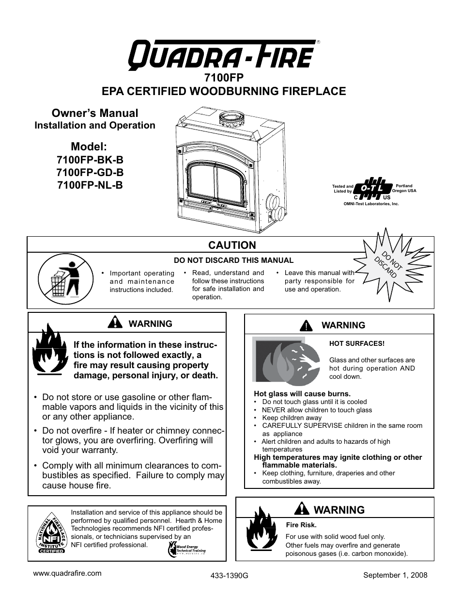Hearth and Home Technologies EPA Certified Woodburning Fireplace 7100FP-GD-B User Manual | 72 pages