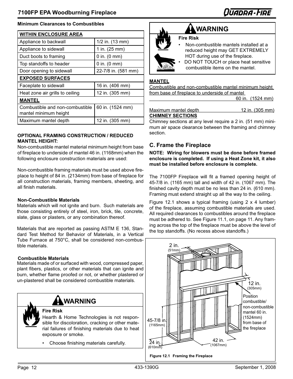 Warning | Hearth and Home Technologies EPA Certified Woodburning Fireplace 7100FP-GD-B User Manual | Page 12 / 72