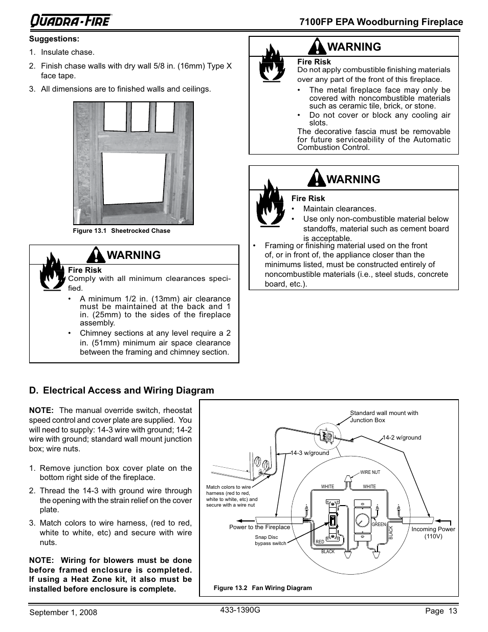 Warning, 7100fp epa woodburning fireplace, D. electrical access and wiring diagram | Hearth and Home Technologies EPA Certified Woodburning Fireplace 7100FP-GD-B User Manual | Page 13 / 72