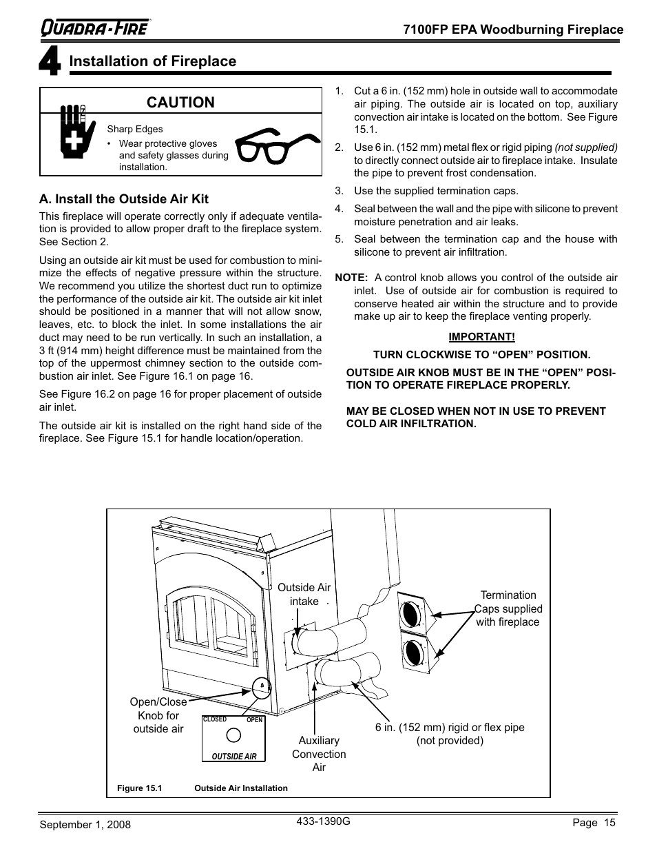 Installation of fireplace, Caution | Hearth and Home Technologies EPA Certified Woodburning Fireplace 7100FP-GD-B User Manual | Page 15 / 72